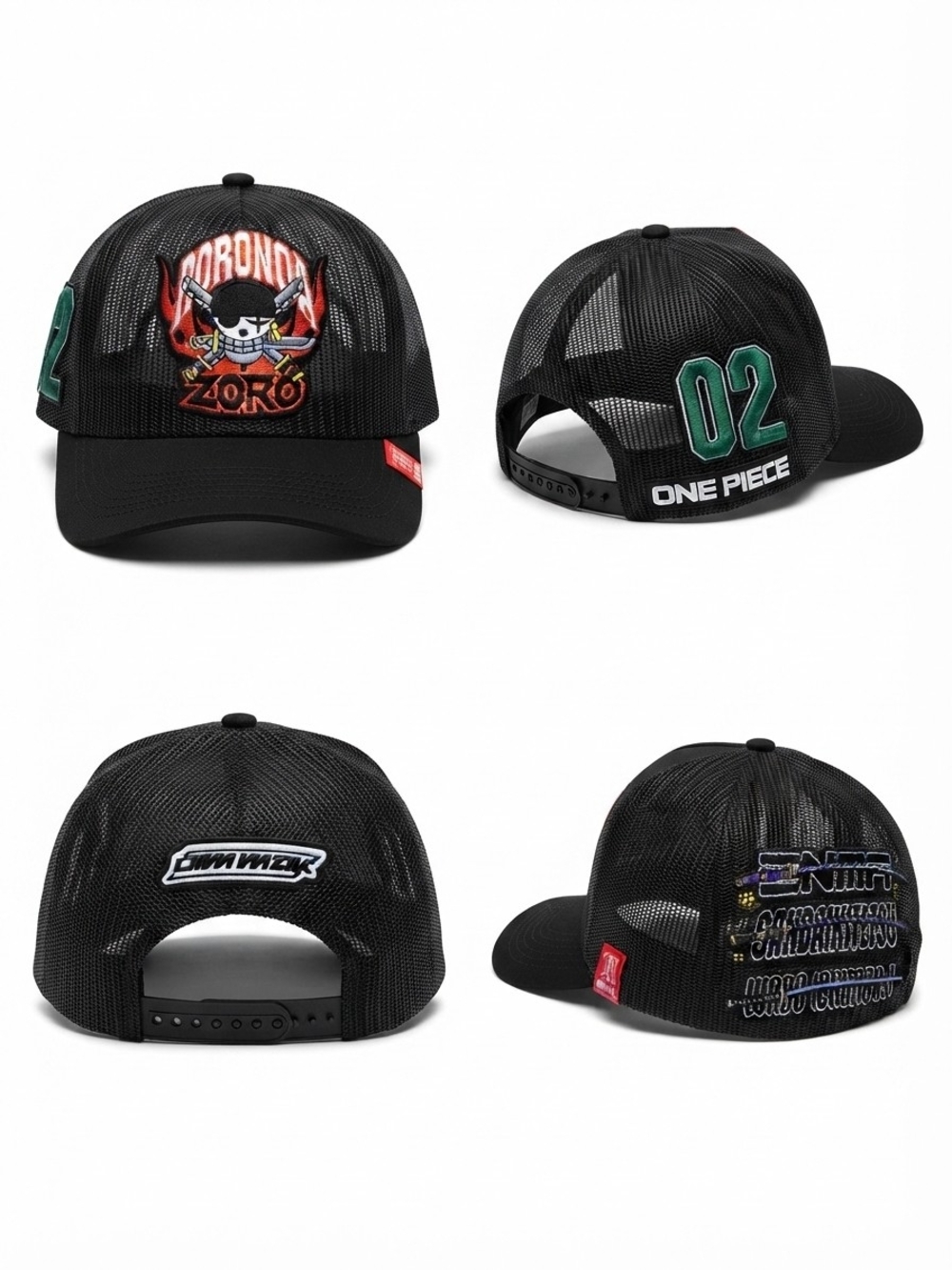 Dim MAK One Piece Black Mesh Zoro Embroidered Snapback Cap with Green 02